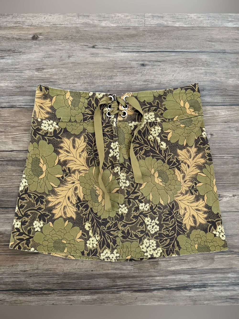 Vintage Brown Green Floral Lace Up Mini Skirt S